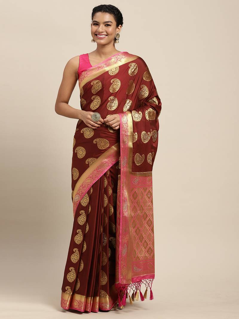Maroon woven crepe saree with blouse