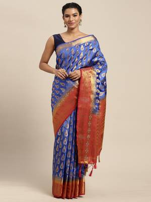Blue woven art silk saree with blouse 1