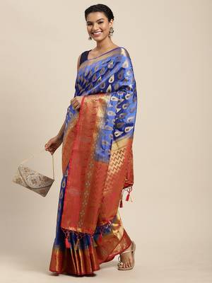 Blue woven art silk saree with blouse 2