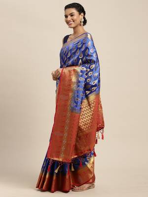 Blue woven art silk saree with blouse 3