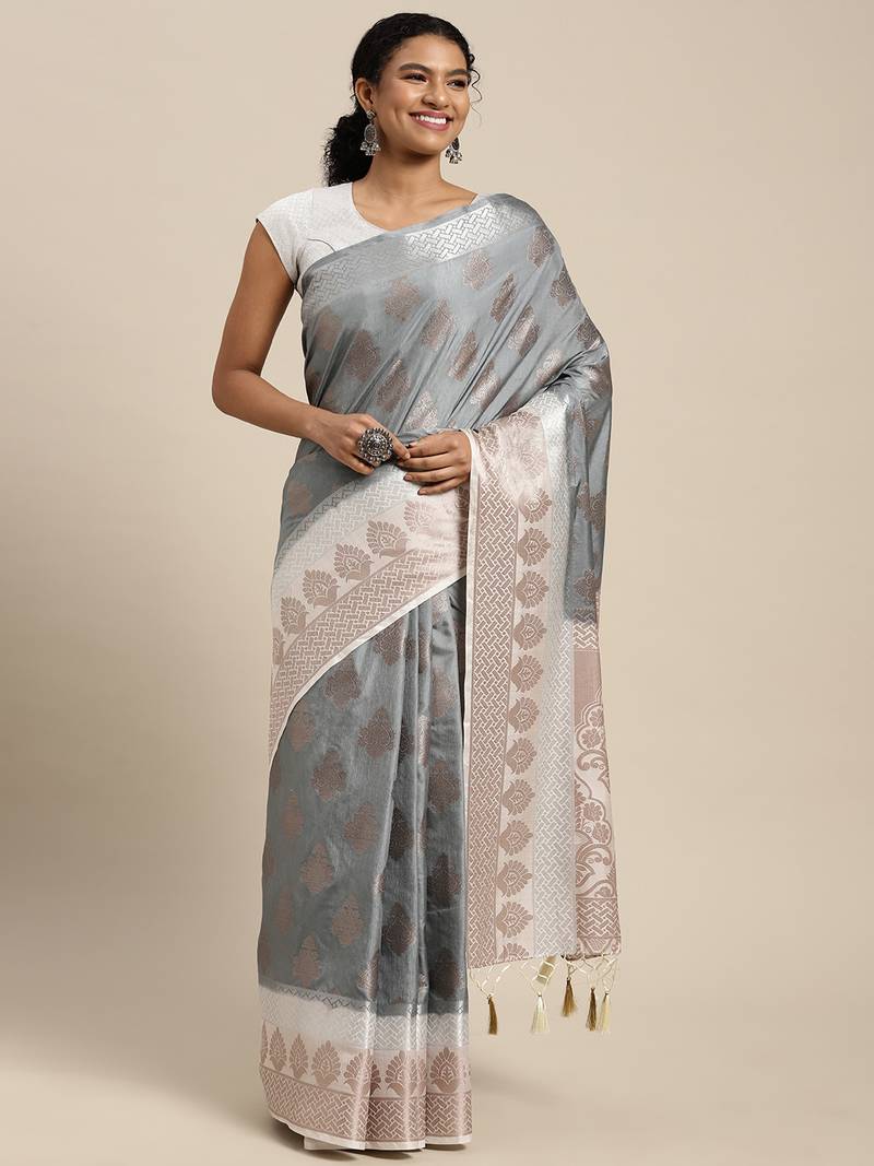 Grey woven art silk saree with blouse