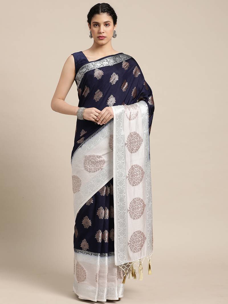 Navy blue woven art silk saree with blouse