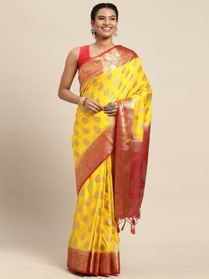 Yellow woven art silk saree with blouse 1
