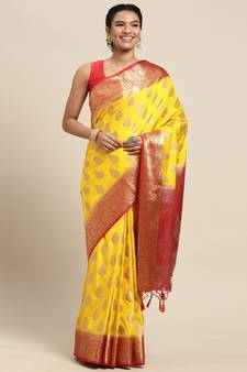 Yellow woven art silk saree with blouse