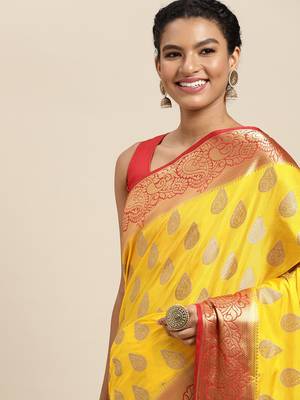 Yellow woven art silk saree with blouse 2