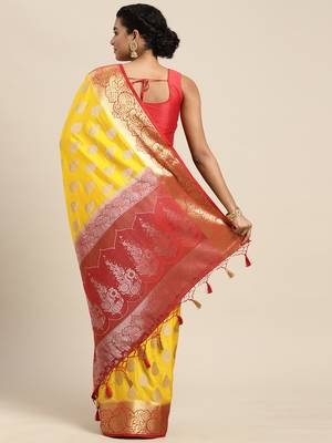 Yellow woven art silk saree with blouse 3