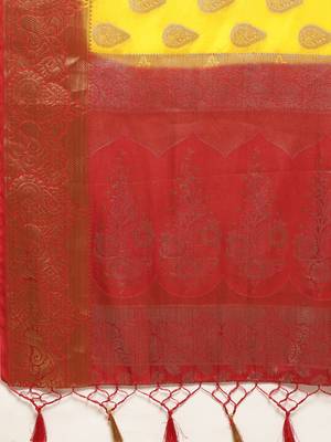 Yellow woven art silk saree with blouse 4