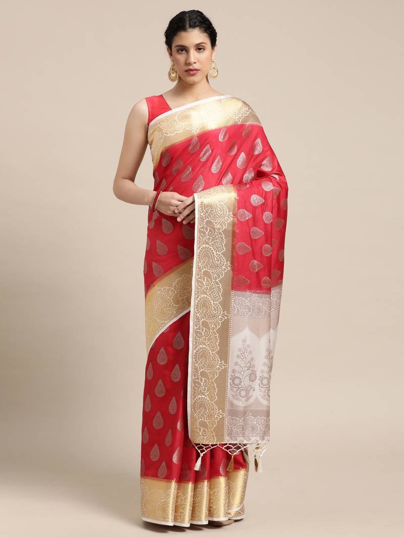 Pink woven art silk saree with blouse