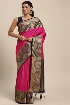 Pink woven art silk saree with blouse