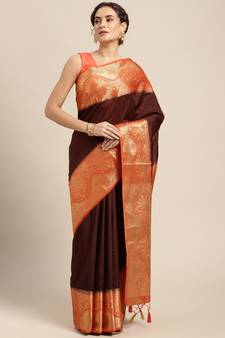 Brown woven art silk saree with blouse