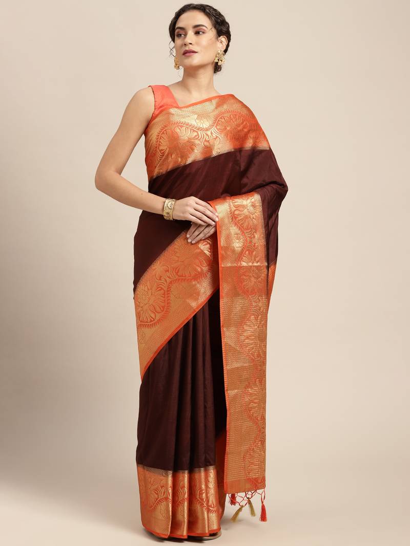 Brown woven art silk saree with blouse