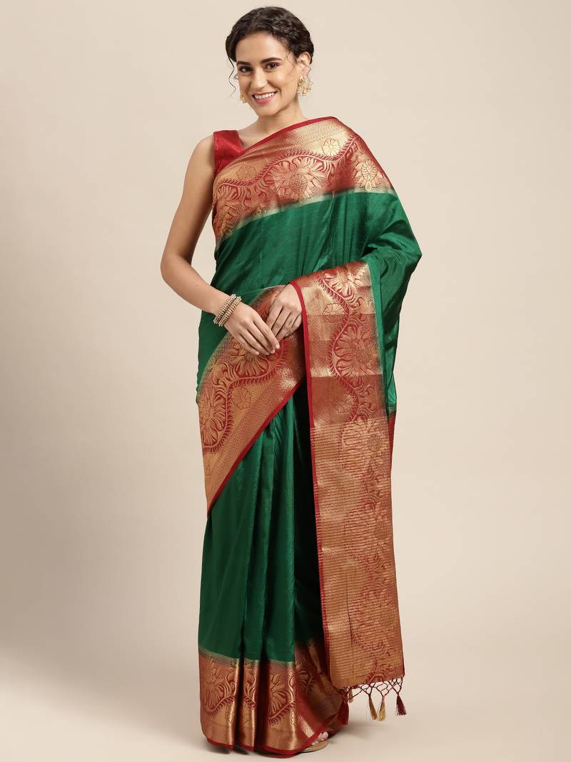 Green woven art silk saree with blouse