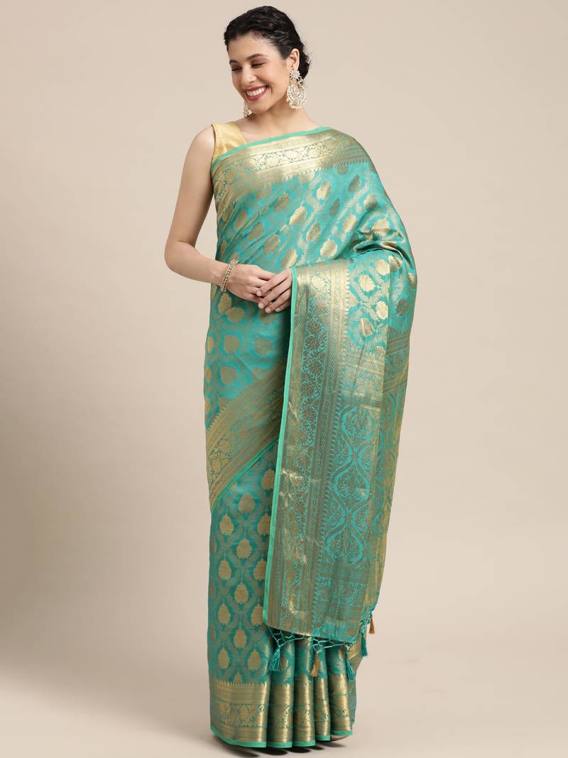 Turquoise woven art silk saree with blouse