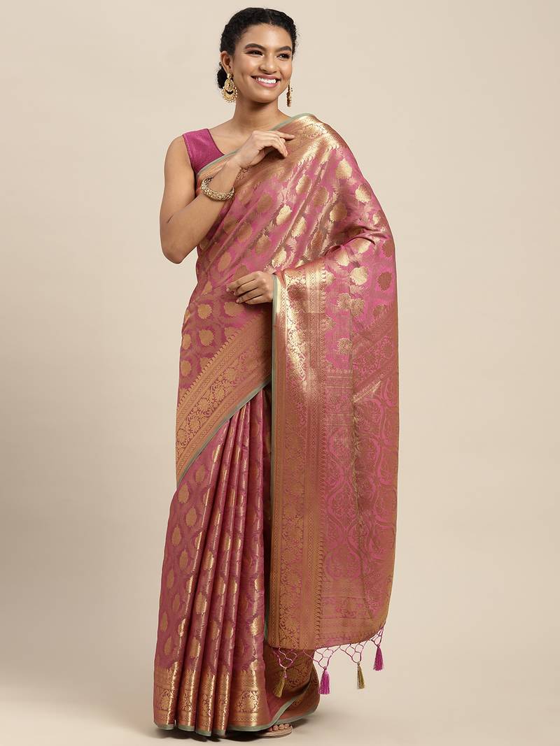 Pink woven art silk saree with blouse