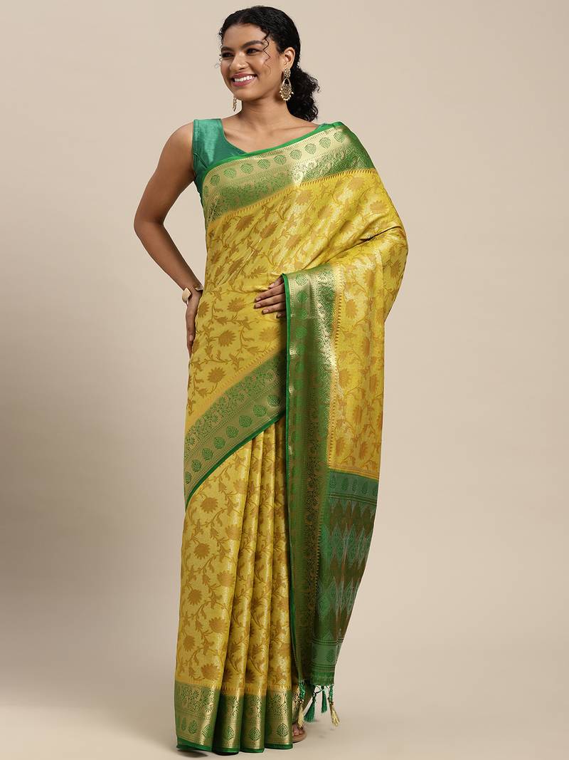 Yellow woven art silk saree with blouse