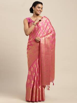 Pink woven crepe saree with blouse 1
