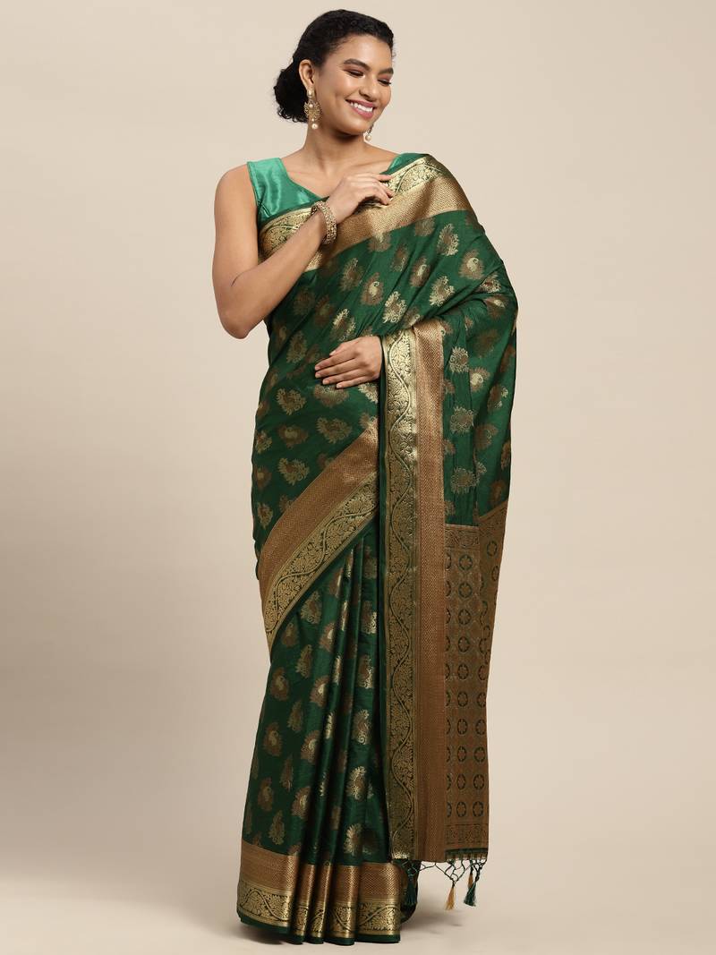 Green woven art silk saree with blouse
