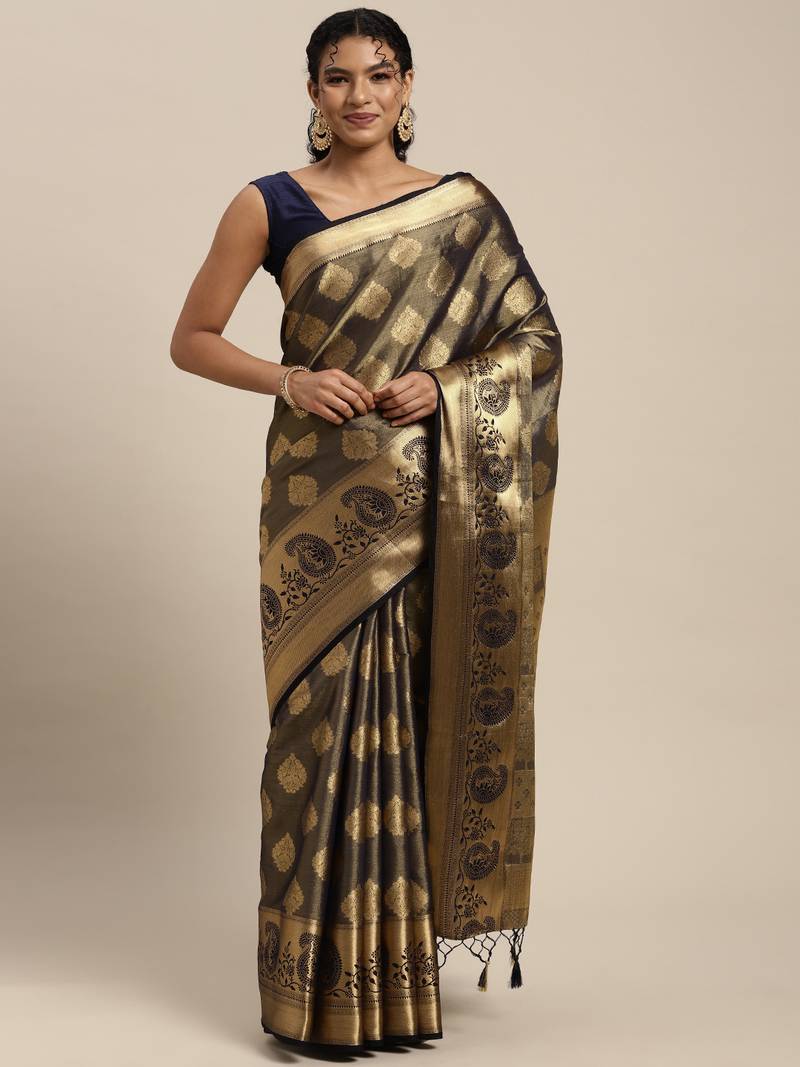 Navy blue woven art silk saree with blouse