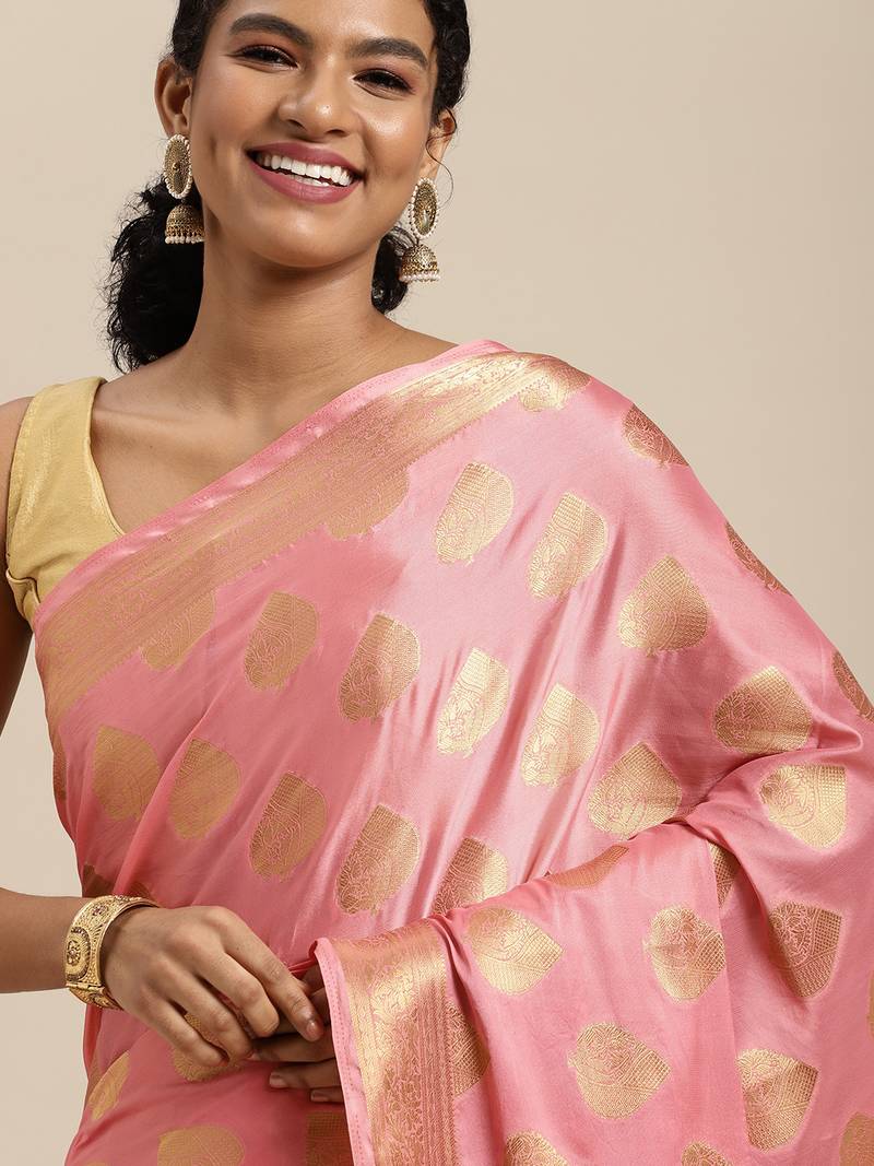 Pink woven crepe saree with blouse