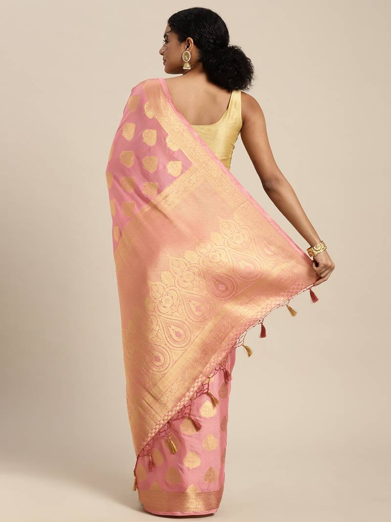 Pink woven crepe saree with blouse