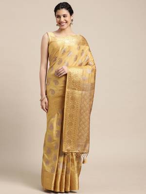 Yellow woven art silk saree with blouse 1