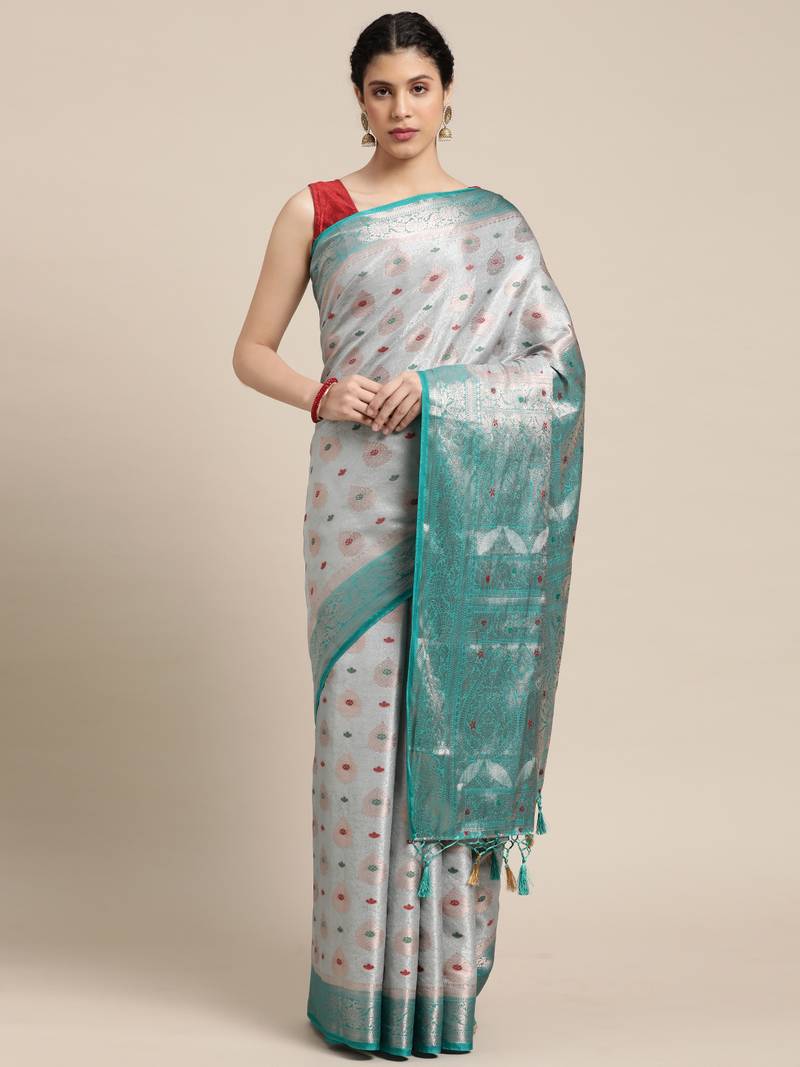 Grey woven art silk saree with blouse