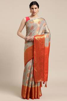 Grey woven art silk saree with blouse