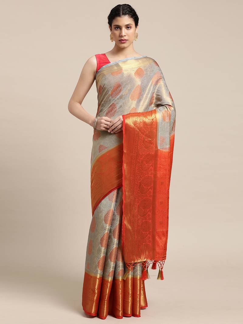 Grey woven art silk saree with blouse