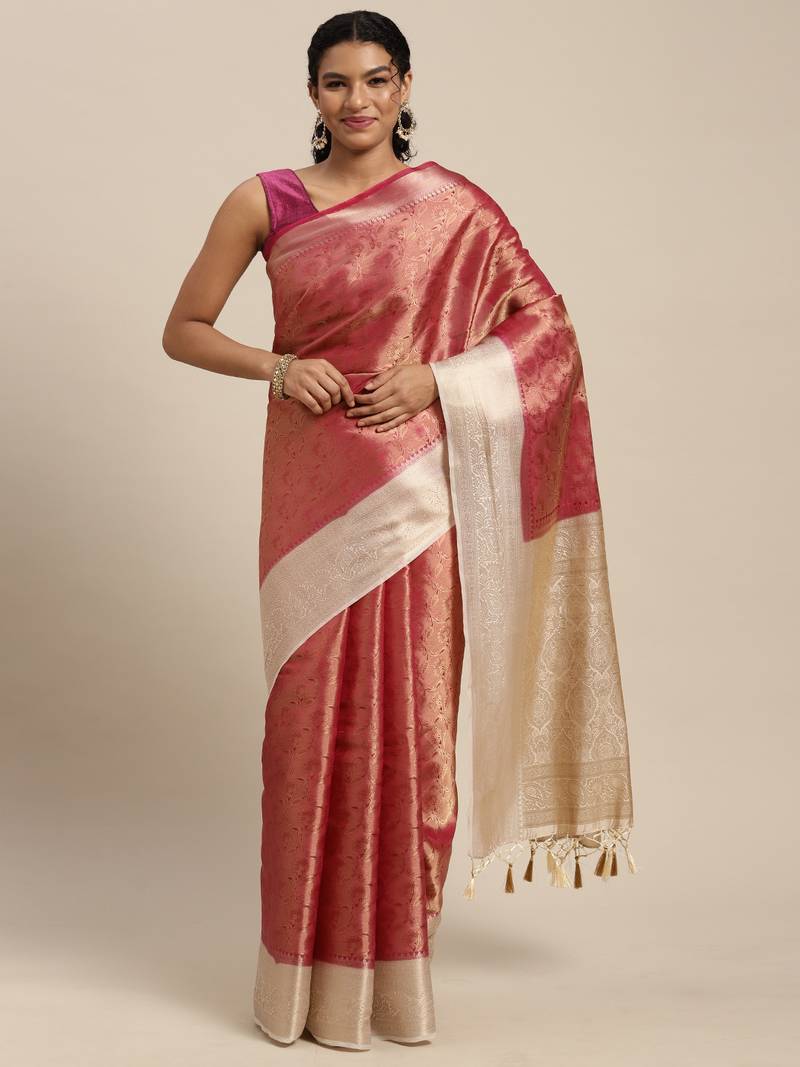 Pink woven art silk saree with blouse