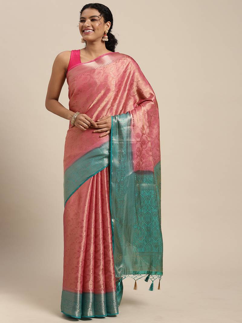 Pink woven art silk saree with blouse