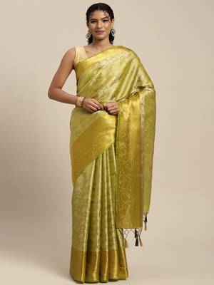 Dark green woven art silk saree with blouse 1