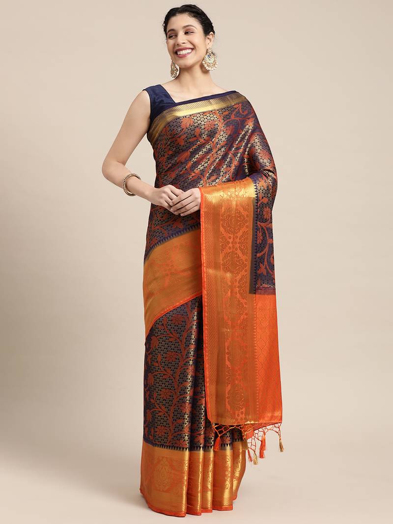 Navy blue woven art silk saree with blouse