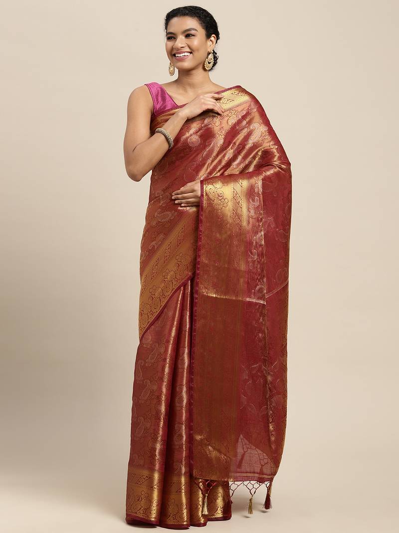 Maroon woven art silk saree with blouse