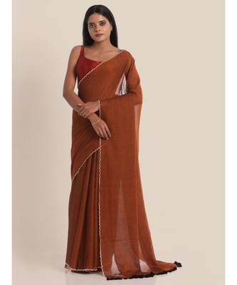 Suta Rust Brown Solid Pure Cotton Embroidered Scallops Border Saree 3