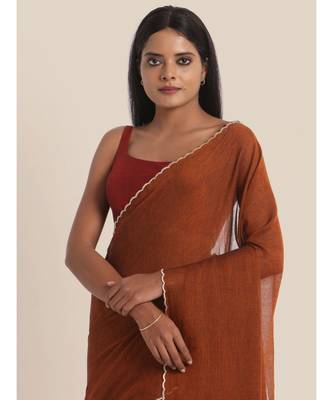 Suta Rust Brown Solid Pure Cotton Embroidered Scallops Border Saree 4