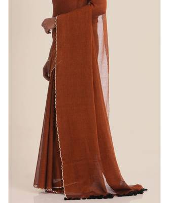 Suta Rust Brown Solid Pure Cotton Embroidered Scallops Border Saree 5