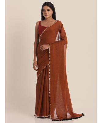 Suta Rust Brown Solid Pure Cotton Embroidered Scallops Border Saree 1