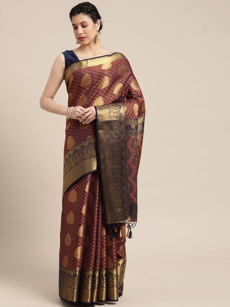 Navy blue woven art silk saree with blouse