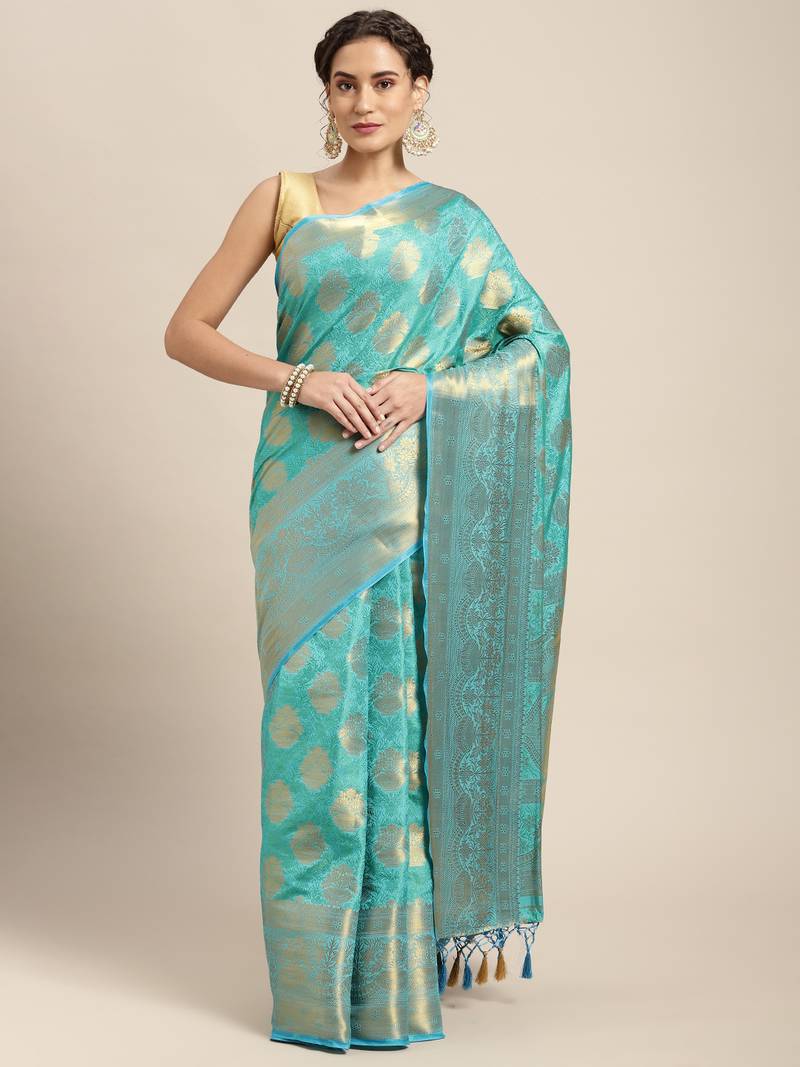 Turquoise woven art silk saree with blouse