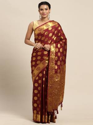 Maroon woven crepe saree with blouse 1