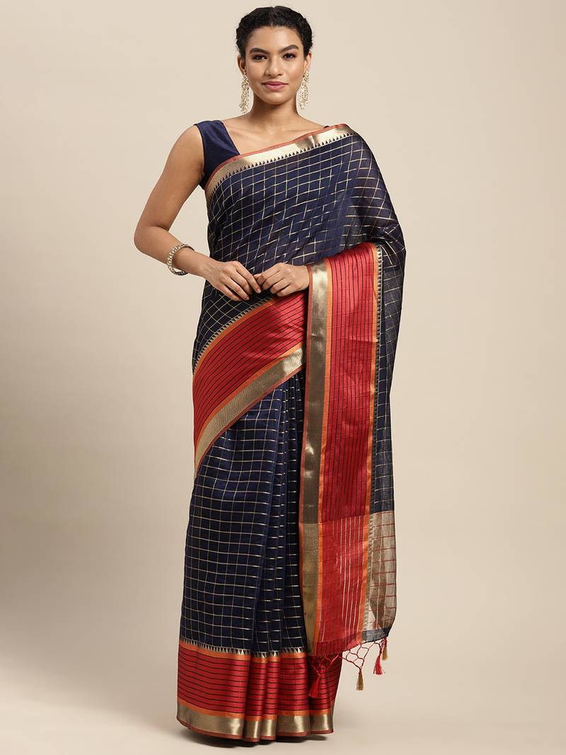 Navy blue woven art silk saree with blouse