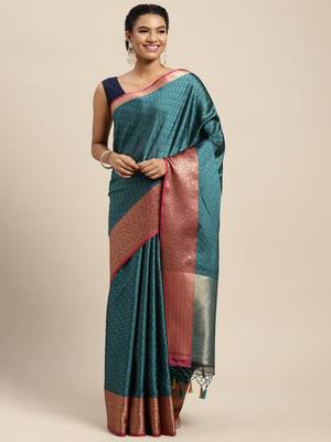 Blue woven art silk saree with blouse 1