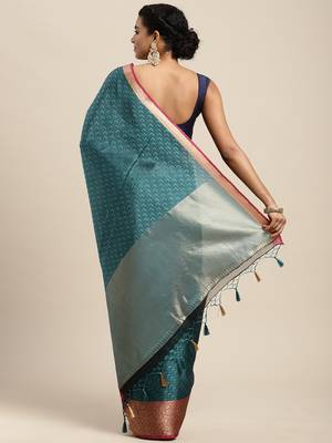 Blue woven art silk saree with blouse 3