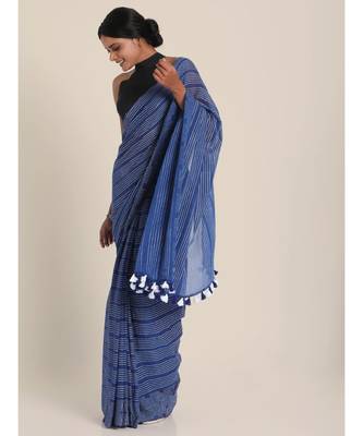 Suta Women Blue  White Striped Saree 1