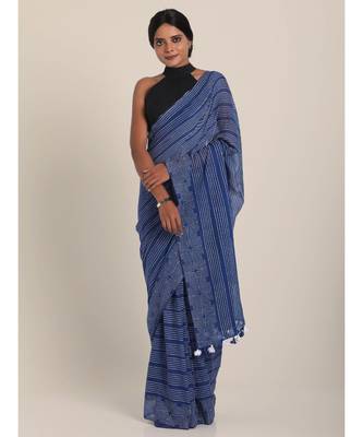 Suta Women Blue  White Striped Saree 2