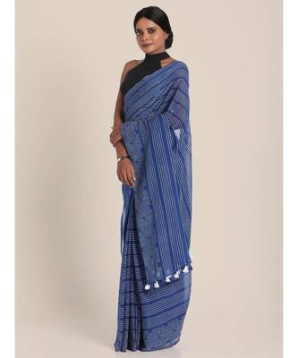 Suta Women Blue  White Striped Saree 4
