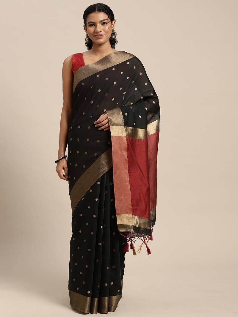 Black woven art silk saree with blouse