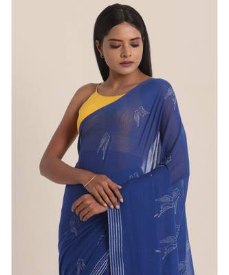 Suta Blue  White Modal Hand Block Printed Saree 3