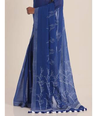 Suta Blue  White Modal Hand Block Printed Saree 4