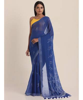 Suta Blue  White Modal Hand Block Printed Saree 1